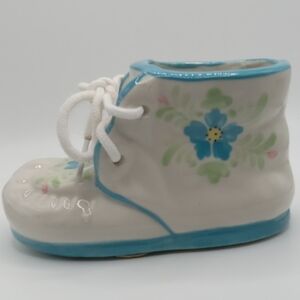 Vintage Ceramic Baby Shoe Planter Keepsake in Blue and White